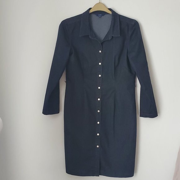 Women's Button Down Denim Shirt Dress Long Sleeve Snap Buttons Pointed Collar - Picture 4 of 6